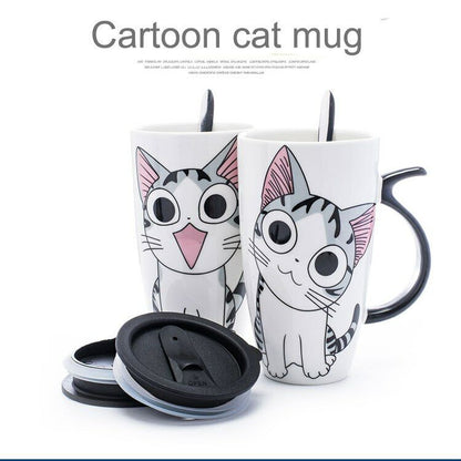 Creative Cat Ceramic Mug With Lid Spoon Cartoon Milk Tea Cup Porcelain Mug Set