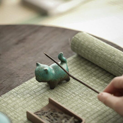 Tea Pet Cute Cat Dark Green Lucky Cat Tea Decorative Figurine