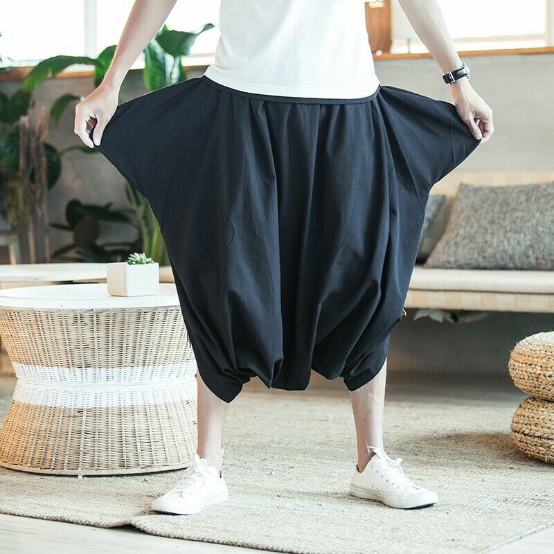 Summer Men's Loose Fit Baggy Pants Loose Fit Chinese Style Cropped Trousers L