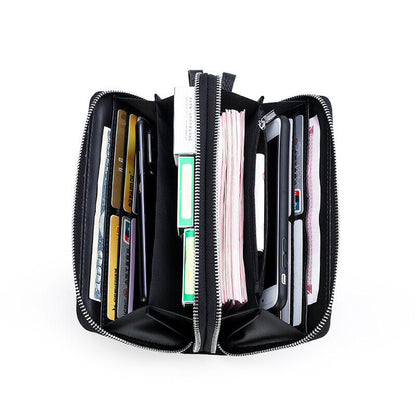 Men's Real Leather Clutch Bag, Double Zipper Long Business Wallets Phone Holder