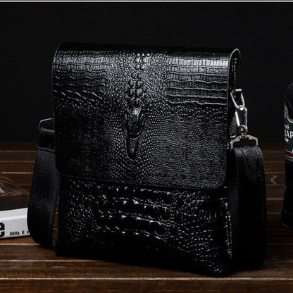 Men's Leather Black Crocodile Sling Shoulder Bag Crossbody Bag 10" Messenger Bag