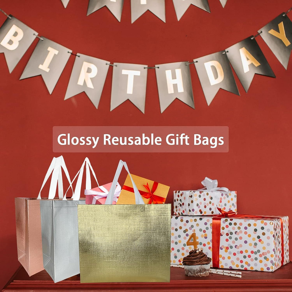 Reusable Gift Bags 15 PACK Grocery Bag Shopping Inches, Rose gold/Gold/Silver