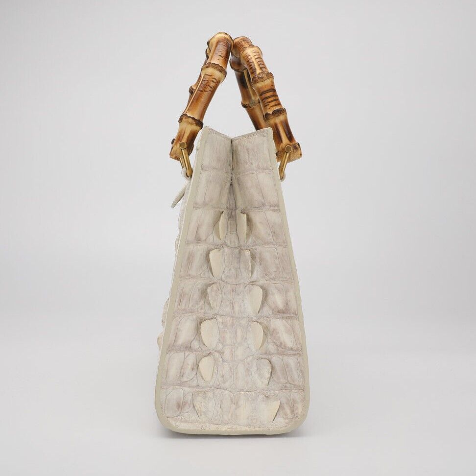 Handcrafted White CrocodileSkin Leather Handbag, Luxury Bamboo Bag for Women