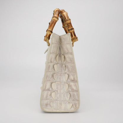 Handcrafted White CrocodileSkin Leather Handbag, Luxury Bamboo Bag for Women