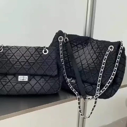 Medium/ Large Quilted Denim Shoulder Bag Flap Purse Handbag w/ Chains Tote Hobo
