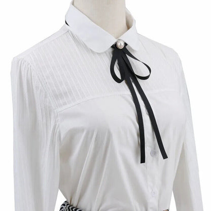 Women Pre-Tied Collar Bowknot Pearl Ribbon Brooches Pin Bow Tie Vintage Neckties