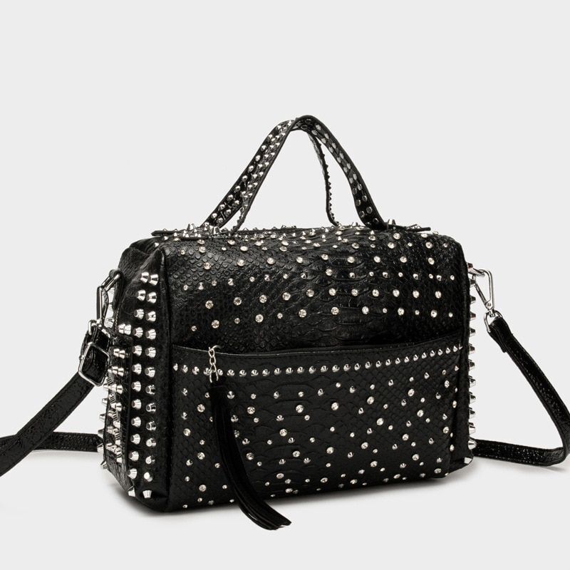 Handbag Black Synthetic Leather Crossbody Rhinestone Shoulder Purse 28*22*11 CM