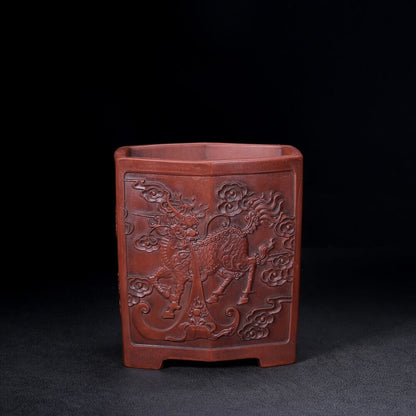 Chinese Yixing Zisha Clay Handmade Exquisite pen holder（笔筒 底款：铁画轩）
