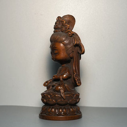 Vintage Chinese Boxwood Carving Baby Kuan Yin Statue Ornament Wood Figurine Gift
