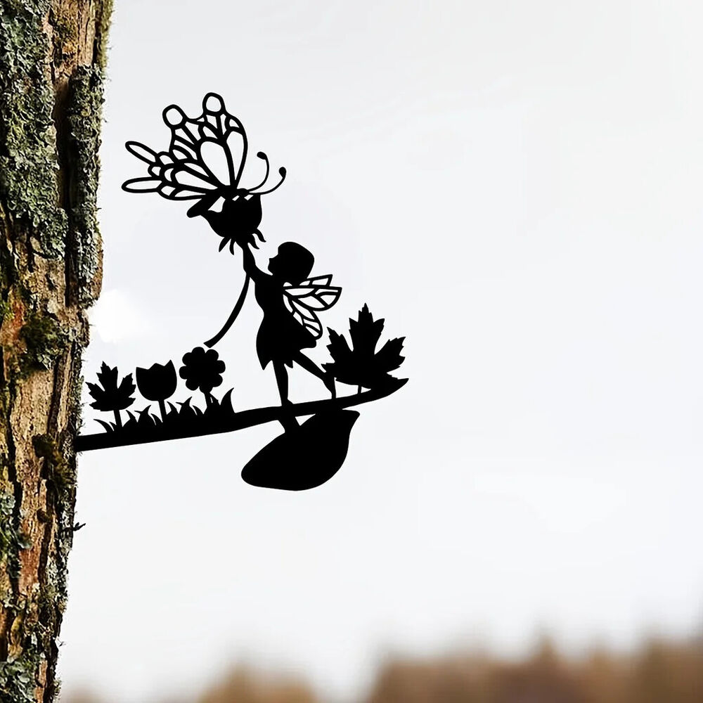Mushroom Fairy On Branch Steel Silhouette Metal Wall Art Home Garden Yard