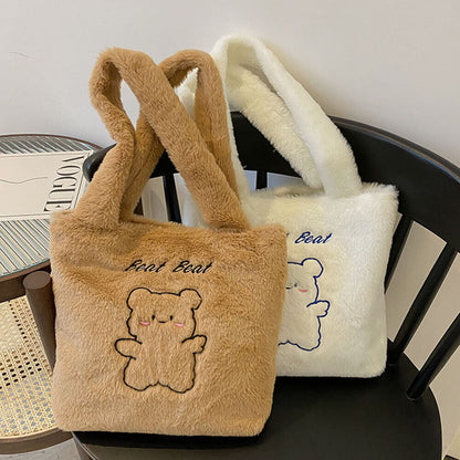 Plush Women Bag Soft Tote Bag Large Capacity Handbag Fluffy Underarm Bag Cartoon