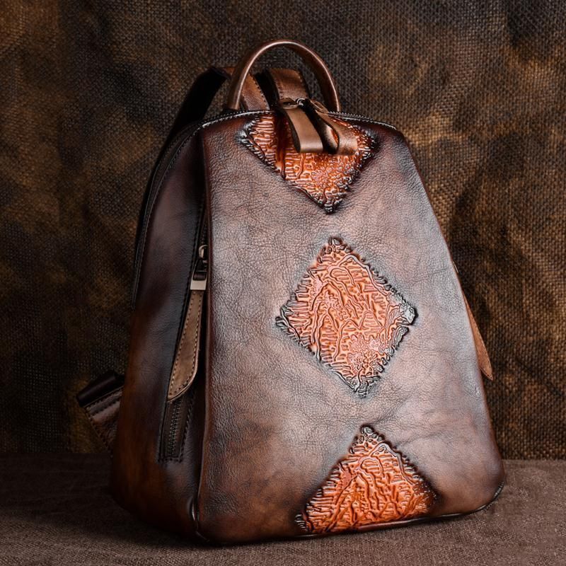 Travel Bag Vintage Rucksack Embossed Leisure Daypacks Genuine Leather Backpacks