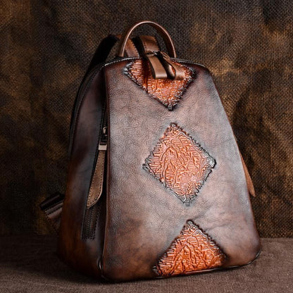 Travel Bag Vintage Rucksack Embossed Leisure Daypacks Genuine Leather Backpacks