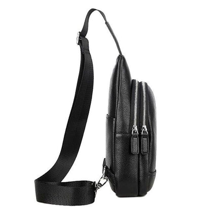 Real Cow Leather Black Men Sling Backpack Crossbody Bag for Hiking Shoulder Bag
