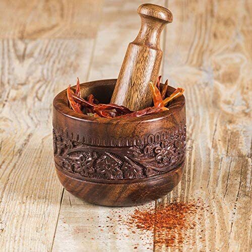 Handmade Natural Wooden Mortar & Pestle Mixing Grinder Set Garlic Press Kitchen