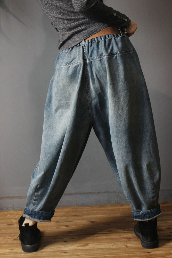 Retro Women's Denim Drop Pants Baggy Lantern Loose Fit Elastic Jeans Trousers @