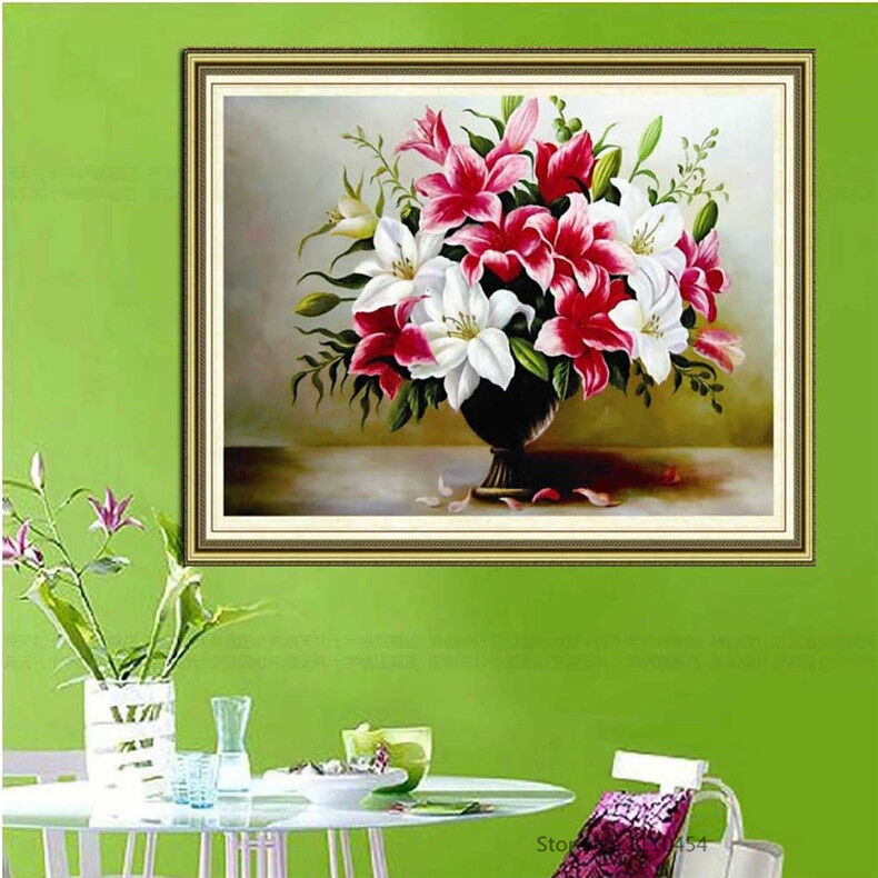 5D DIY Round Diamond Painting Cross Stitch Kits Rhinestones Embroidery Lily Vase
