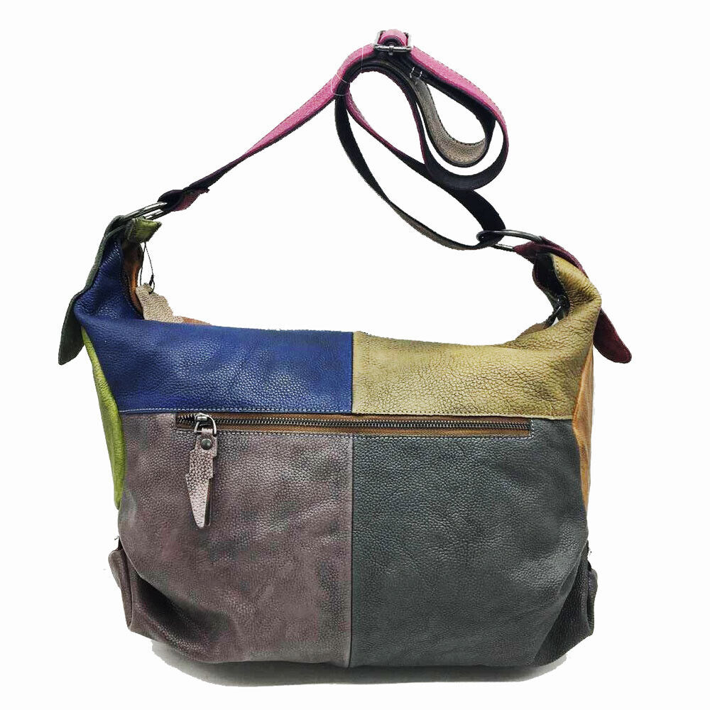 Vintage Patch Ruched Brushed Real Leather Hobo Shoulder Bag Crossbody Purse