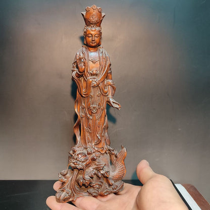 Buddhism Carved Sharks kwan yin Guan Statue Wooden Quan Bodhisattva Praying Rare