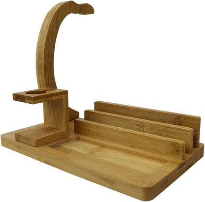 Multi-Purpose Wooden Headphone Station Bamboo Desk Organizer Home Office Decor