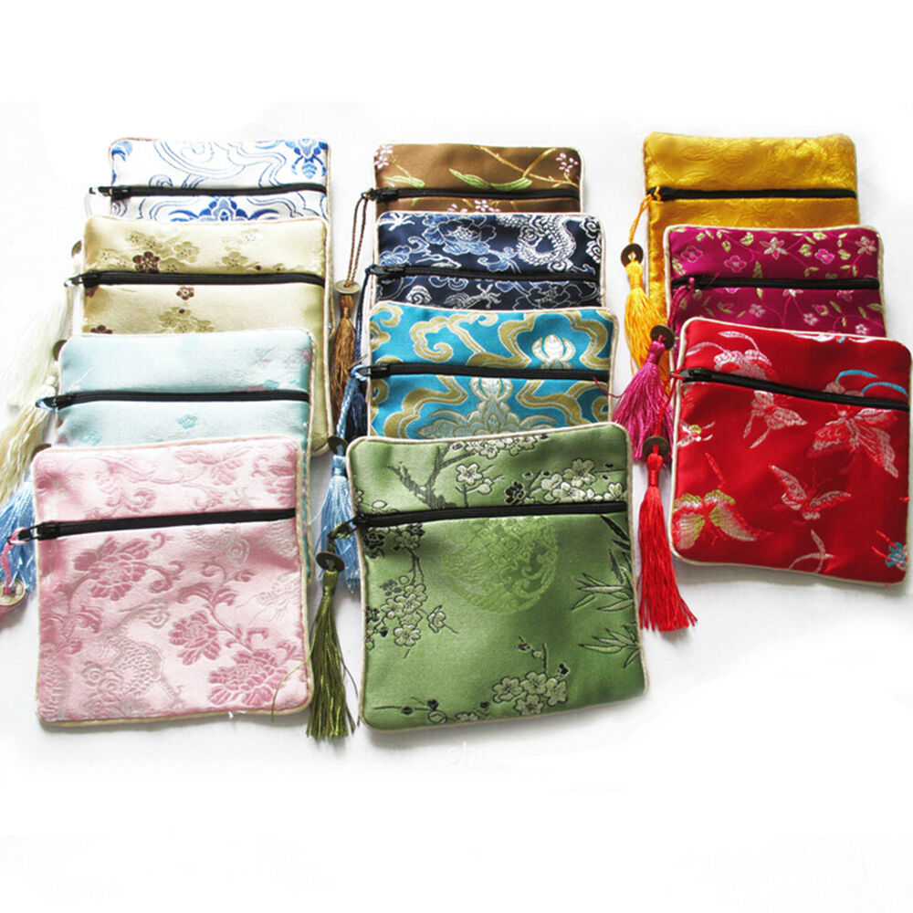 10PCS Mix Colors Chinese Zipper Coin Tassel Silk Square Jewelry Bags Pouch-ca