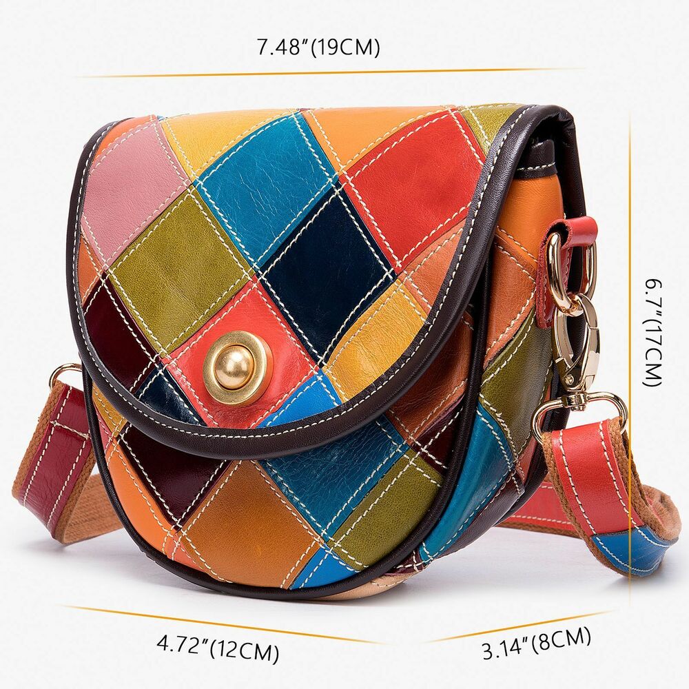 100% Genuine Leather Bags Colorful Blocks Patchwork Women's Sling Shoulder Bag