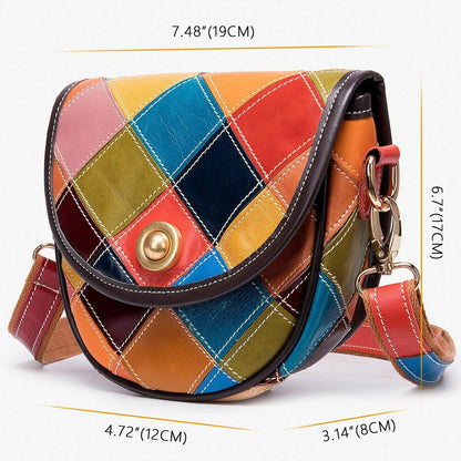 100% Genuine Leather Bags Colorful Blocks Patchwork Women's Sling Shoulder Bag
