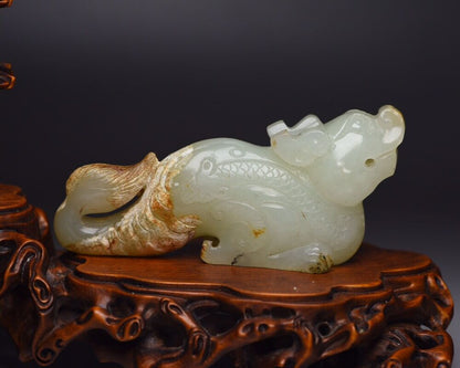 Chinese Antique Hetian Jade Carved Exquisite Beast Statue Decor Collections Art