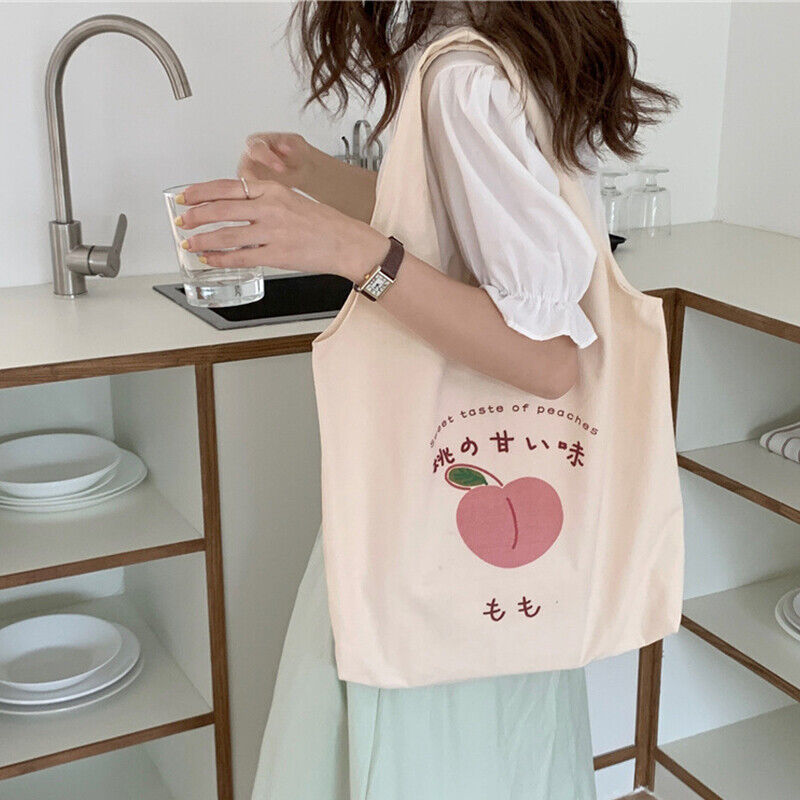 Peach Print Canvas Bag Tote Bag Large Capacity Shoulder Bag School Shopping Bag