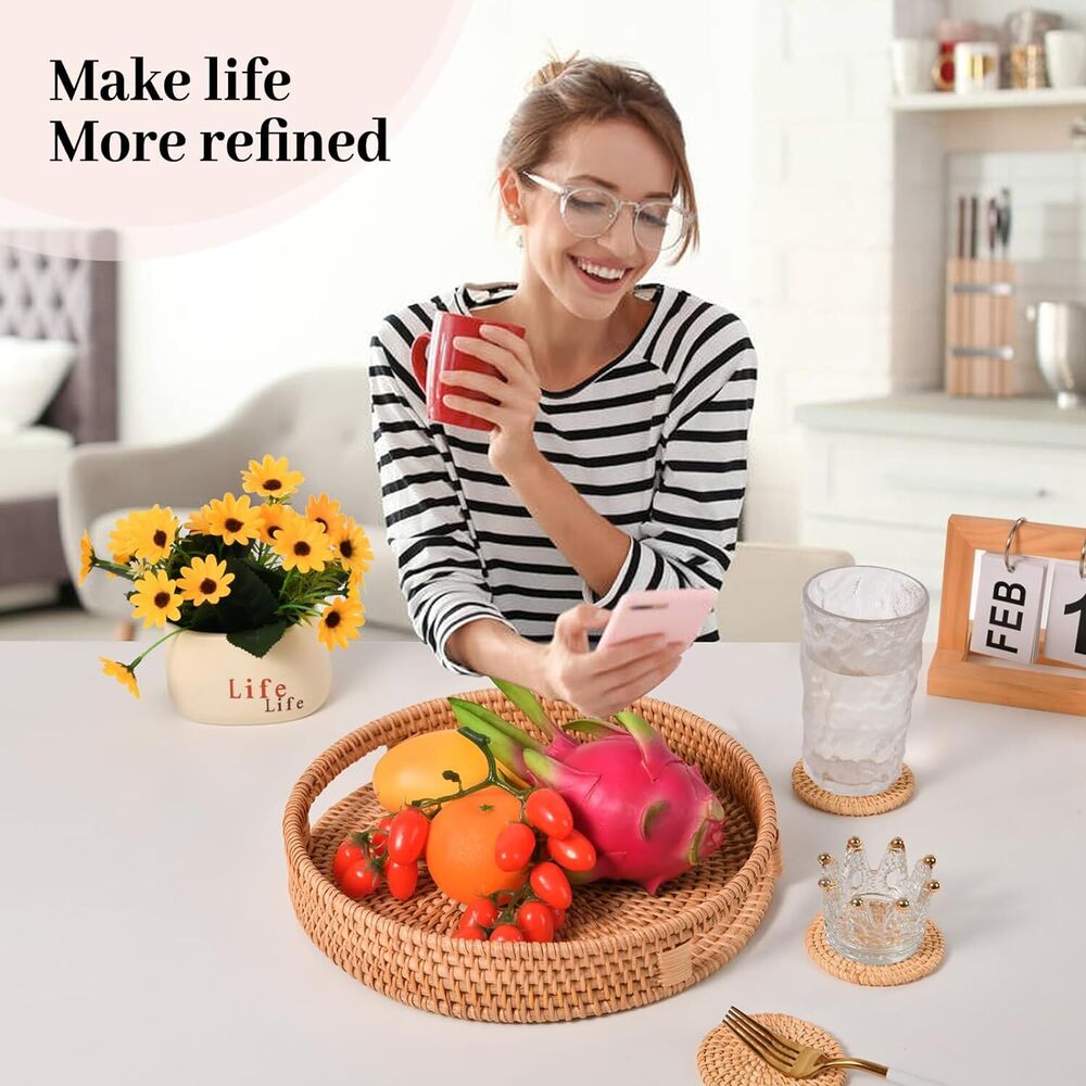 Large Round Rattan Serving Tray with 4 Coasters Coffee Table Home Decor 5 Pcs