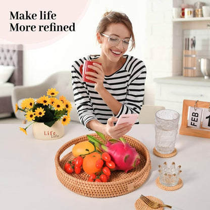 Large Round Rattan Serving Tray with 4 Coasters Coffee Table Home Decor 5 Pcs