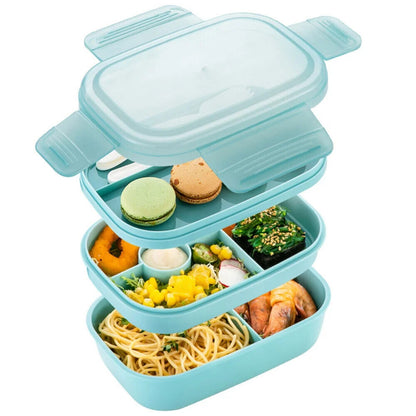 Bento Box 3 Layer Stackable Microwave Lunch Container Cutlery Set 21.5x14.5x10cm