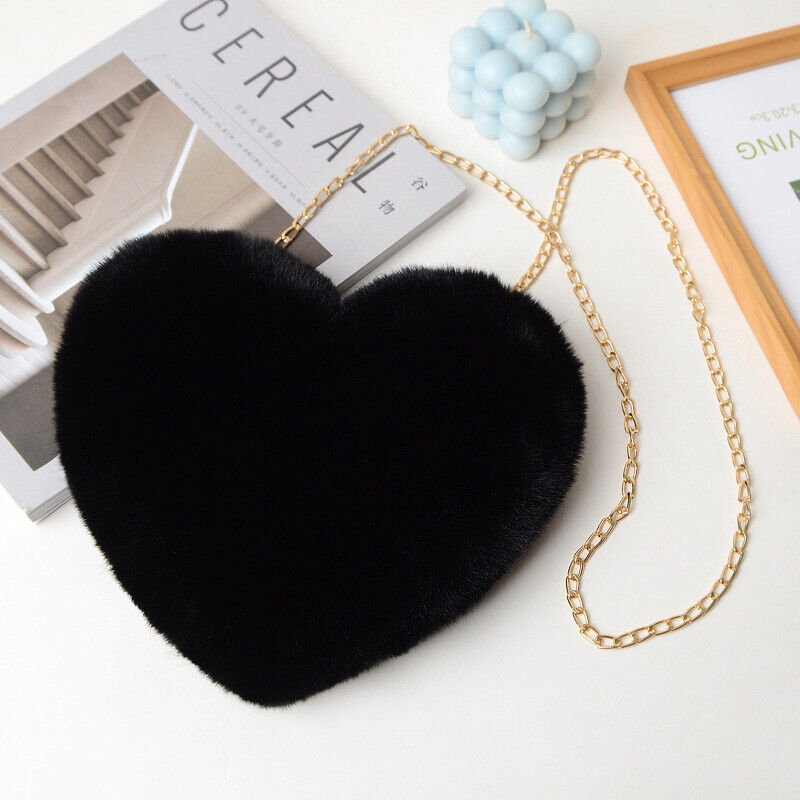 Womens Heart Shape Faux Fur Bag Shoulder Handbag Crossbody Bag Purse Zipper