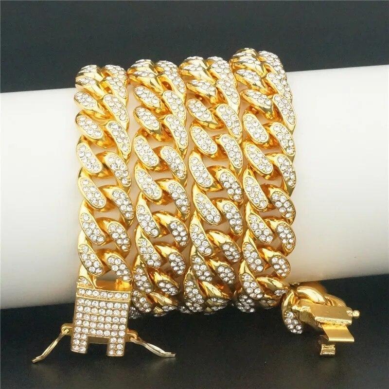 Luxury Dog Collar Diamond Chain Cuban Gold Rhinestones Pitbull Cat Necklace Gold