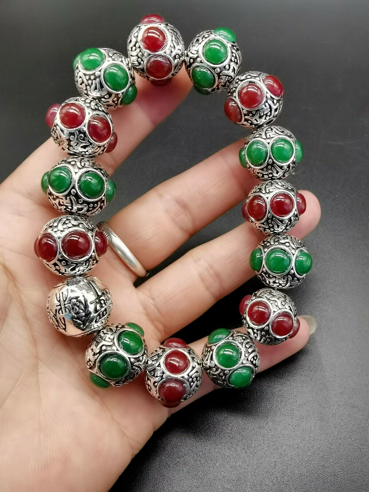 Old Tibetan silver hand-carved Tibet silver inlaid red Green jade bracelet