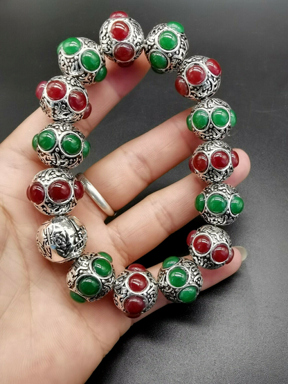 Old Tibetan silver hand-carved Tibet silver inlaid red Green jade bracelet