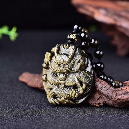 Gold Obsidian Natural Quartz crystal Dragon Statue Pendant Healing + Bracelet