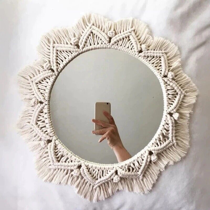 Wall Mirrors Macrame Boho Handmade Round Aesthetic Home Decor Glass Cotton 25cm