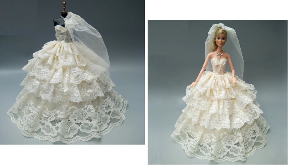 Doll Wedding Dress Western-Style Bride White Gown Veil Girls Kid Toys 29cm Cloth
