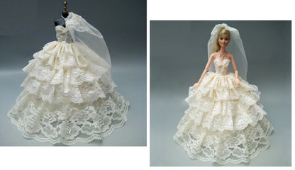 Doll Wedding Dress Western-Style Bride White Gown Veil Girls Kid Toys 29cm Cloth
