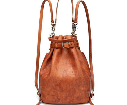 Genuine Leather Cow Skin Vintage Backpack Large Capacity Bucket Bag Handmade Bag