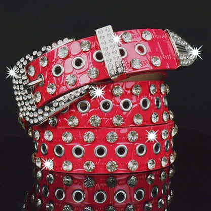 Women Leather Belt Rhinestone Fashion Men Casual Bling Jeans Waistband 110x3.3cm