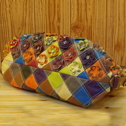 100% Genuine Leather Colorful Floral Patchwork Handbag Women's Tote Shoulder Bag