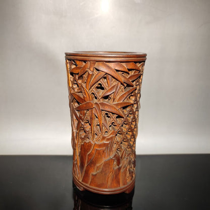 chinese bamboo carving antique carved brush pot pen case wood statue bamboo leaf