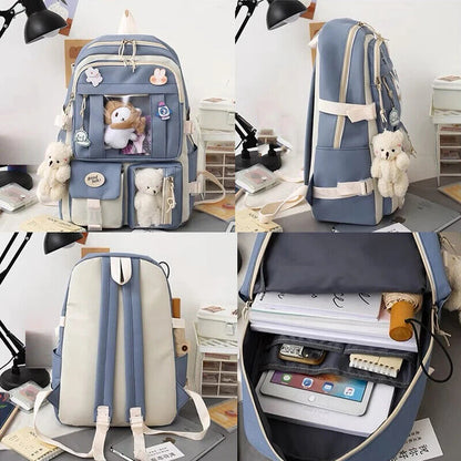 5 Pcs Sets Kids School Backpack Women's Bag Girls Students Bag Rucksack
