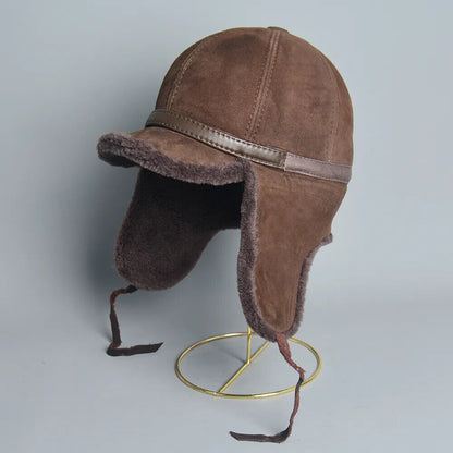 Men Bomber Hats Leather Fur Lamb Wool Warm Winter Thicken Earflaps Baseball Caps