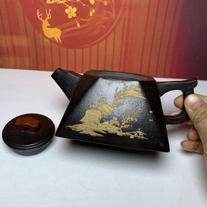Vintage Chinese Yixing Purple Clay Teapot Zisha Painted Fine Landscape Teaware
