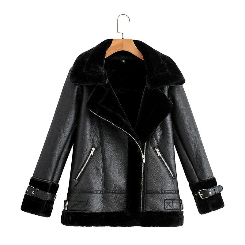 Pu Faux Soft Leather Black White Sheepskin Fur Jacket Female Aviator Outwear