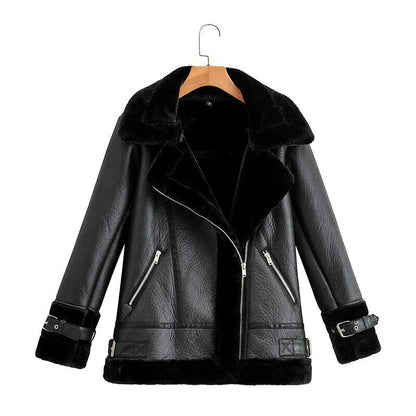 Pu Faux Soft Leather Black White Sheepskin Fur Jacket Female Aviator Outwear