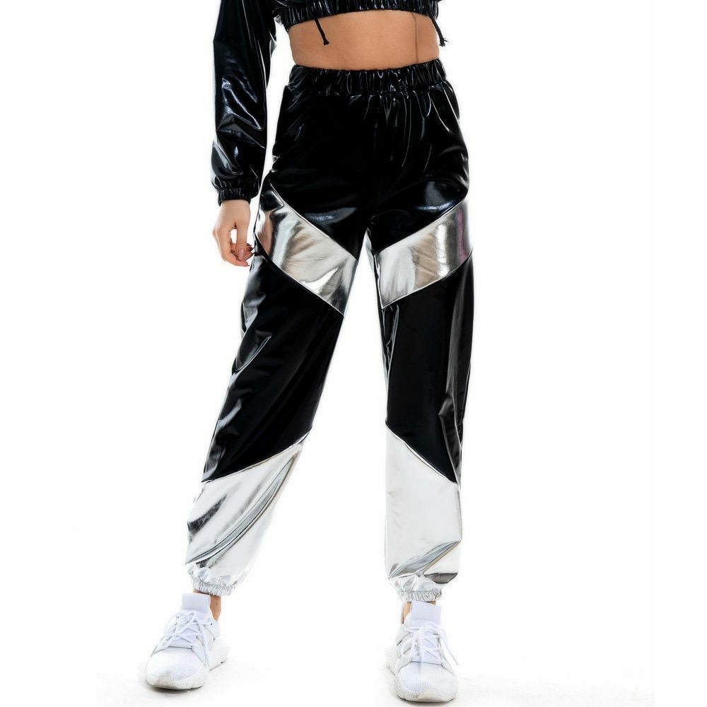 Women Pants Long Pockets High Waist Loose Holographic Patchwork Trousers Jogger